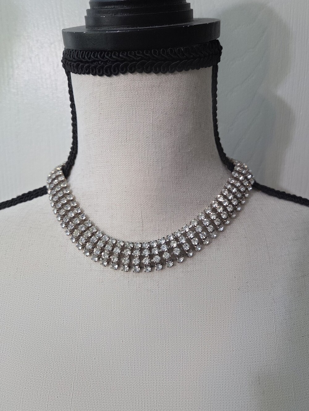 80s glam 4 row prong set clear rhinestone necklace choker blingy couture